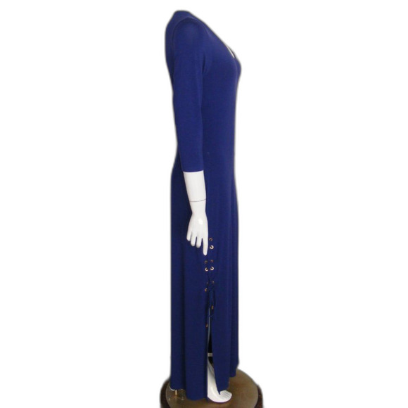 TOMMY BAHAMA Maxi Dress, S, Solid Blue, 3/4 sleeves, Lace-up Vent/Slit, Jersey - Picture 6 of 10